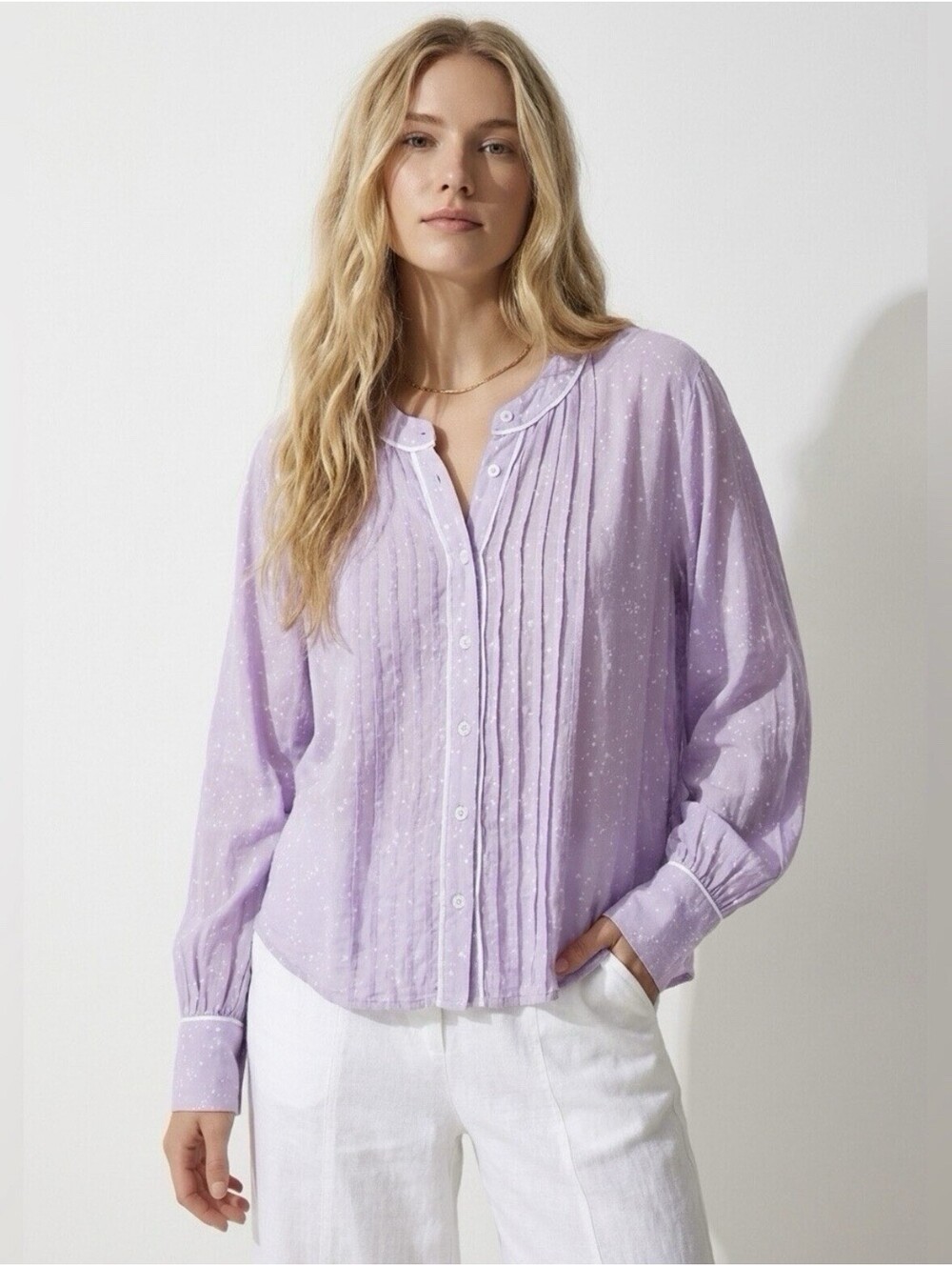 FREE PEOPLE Women’s "Milk & Cookies" Button Front Shirt in Lavender Stars-Medium